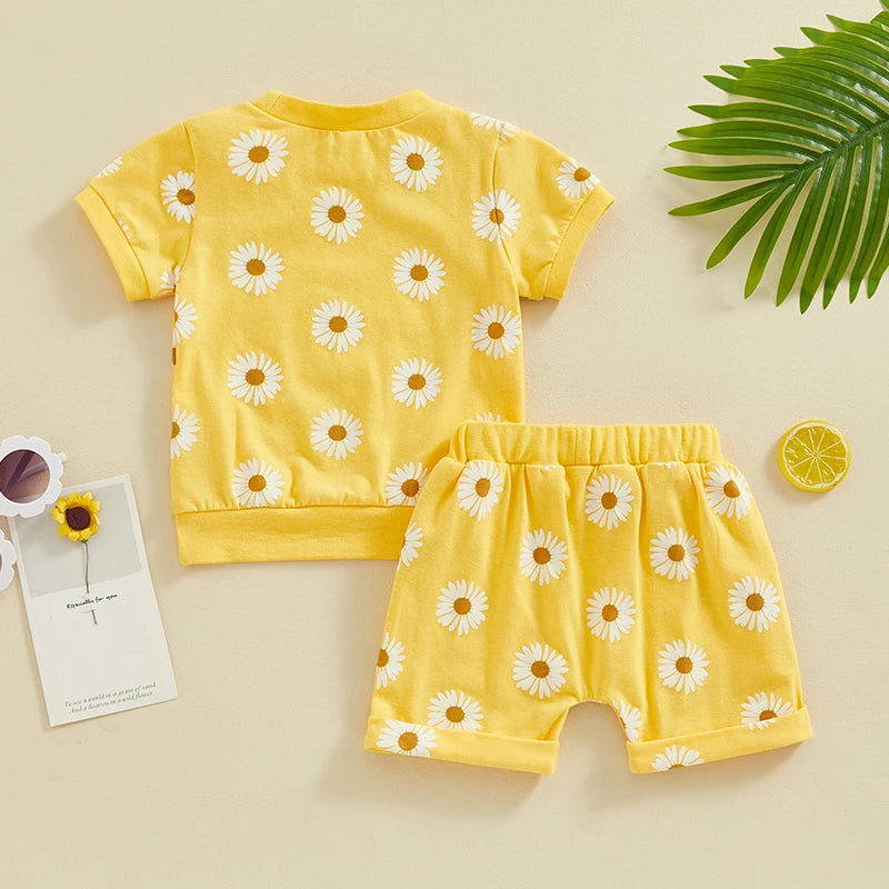 Baby Toddler Girls 2Pcs Spring Summer Clothes Short Sleeve Daisy Flower Print Crew Neck Top Elastic Rolled Shorts Set Outfit