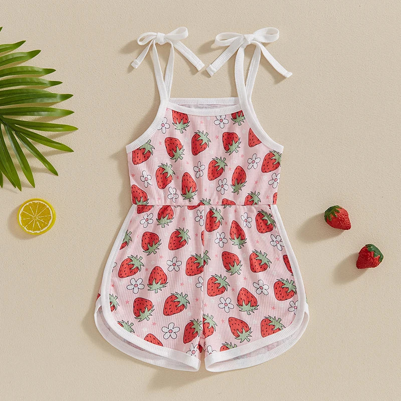 Baby Toddler Kids Girls Jumpsuit Sleeveless Tie Strap Tank Top Strawberry Print Romper Shorts Infant Playsuit