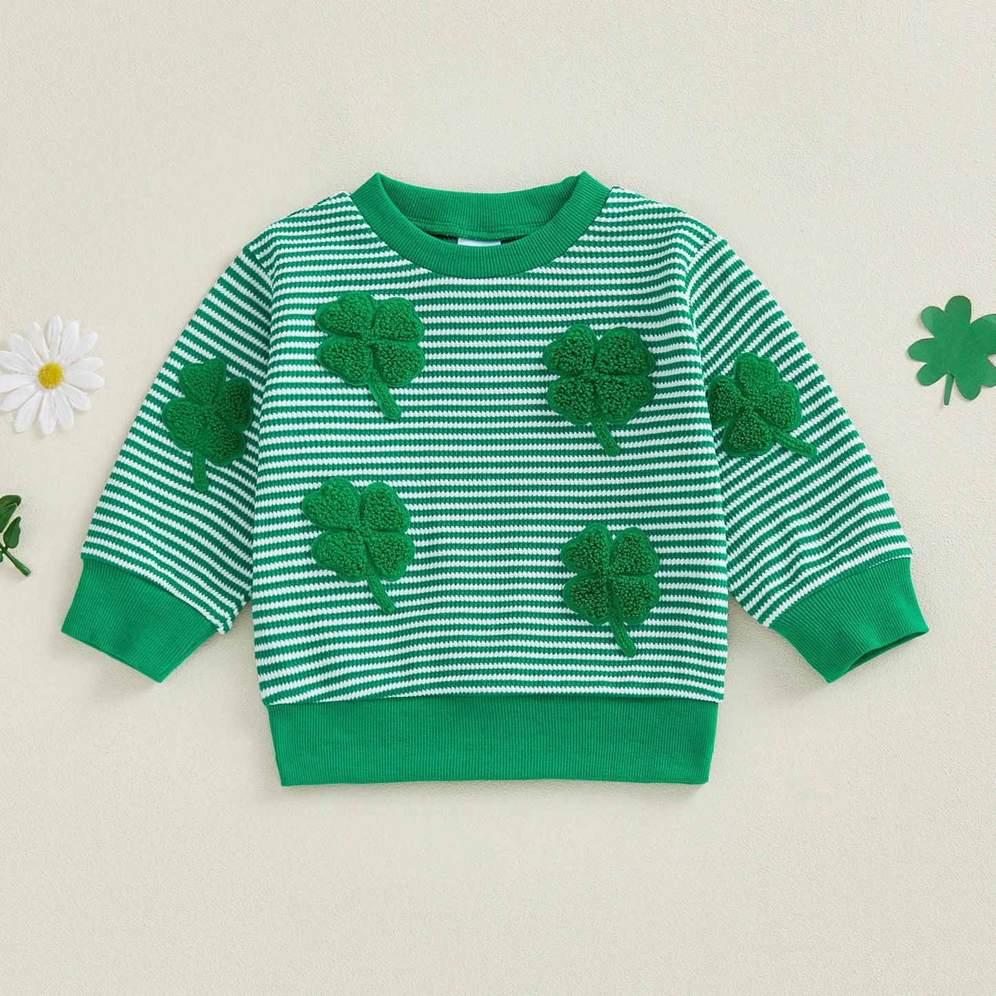 Baby Toddler Boy Girl Shamrock Embroidery Striped Pullover Crew Neck Long Sleeve Spring Top for St. Patrick's Day