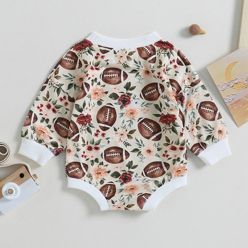 Baby Boy Girl Fall Bodysuit Long Sleeve Round Neck Football Print Jumpsuit Romper