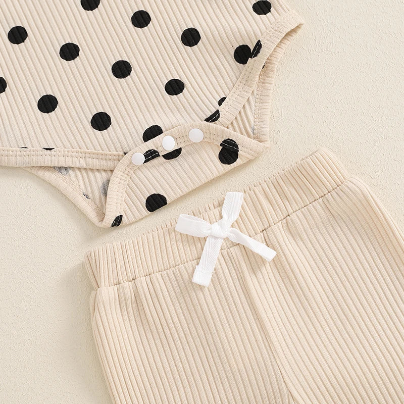 Baby Girls 3Pcs Fall Outfit Long Sleeve Polka Dots Print Romper with Pants and Headband Clothing Set