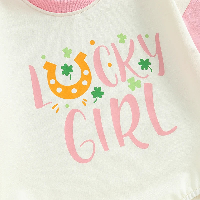 Baby Girls Lucky Girl Spring St. Patrick's Day Bubble Romper Long Sleeve Crewneck Shamrock Horseshoe Print Bodysuit