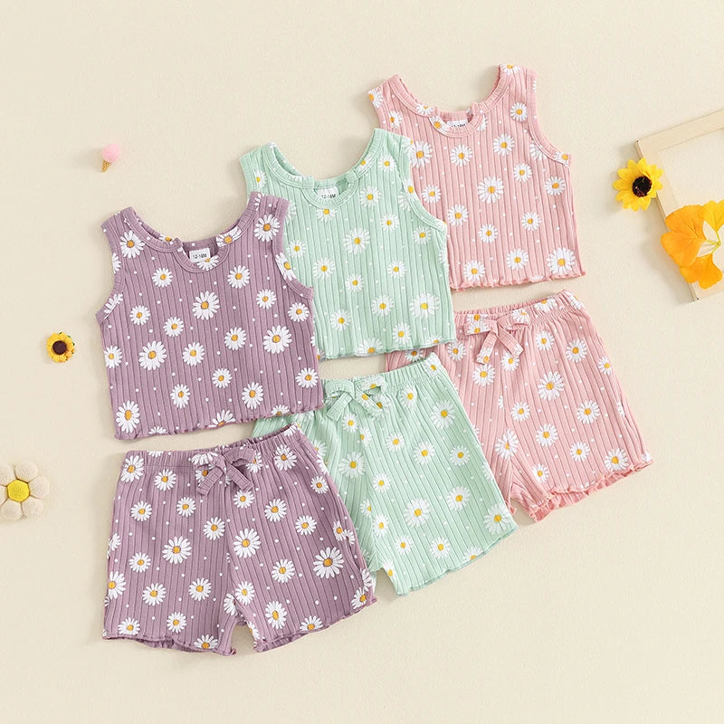 Baby Toddler Kids Girls 2Pcs Summer Clothes Set Sleeveless U Neck Flower Daisy Print Tank Top Shorts Set