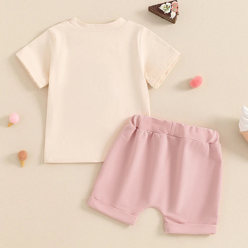 Baby Toddler Girl Boy 2Pcs Summer Outfit Ice Cream Embroidery Short Sleeve Top and Elastic Shorts Set