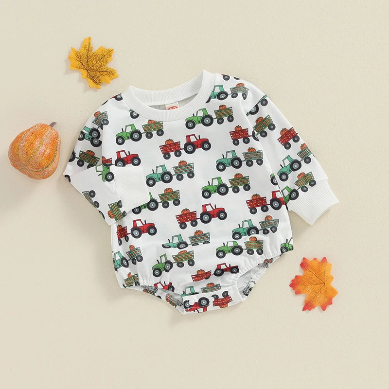 Baby Boys Romper Cartoon Tractor Wagon Pumpkin Print Round Neck Long Sleeve Jumpsuit Fall Bodysuit