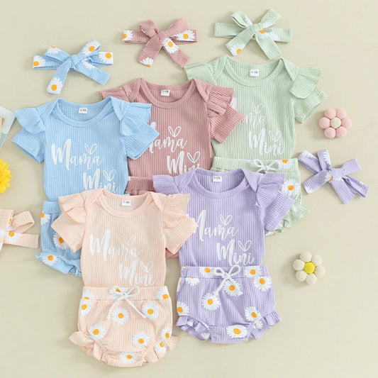 Baby Toddler Girls 3Pcs Outfits Mama's Mini Letter Print Short Sleeve Frilly Romper and Daisy Print Shorts Headband Set