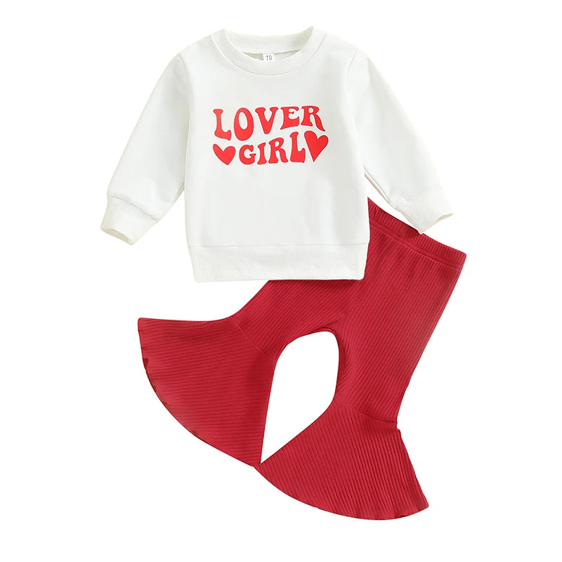 Baby Toddler Girl 2Pcs Valentine's Day Outfit Lover Girl Letters Heart Print Pullover Top Red Flare Pants Bell Bottoms Set Clothes