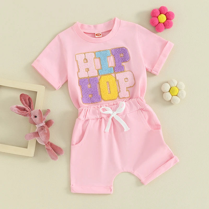 Baby Toddler Boy Girl 2Pcs Easter Set HIP HOP Letter Embroidery Short Sleeve T-Shirt with Solid Color Short Outfit