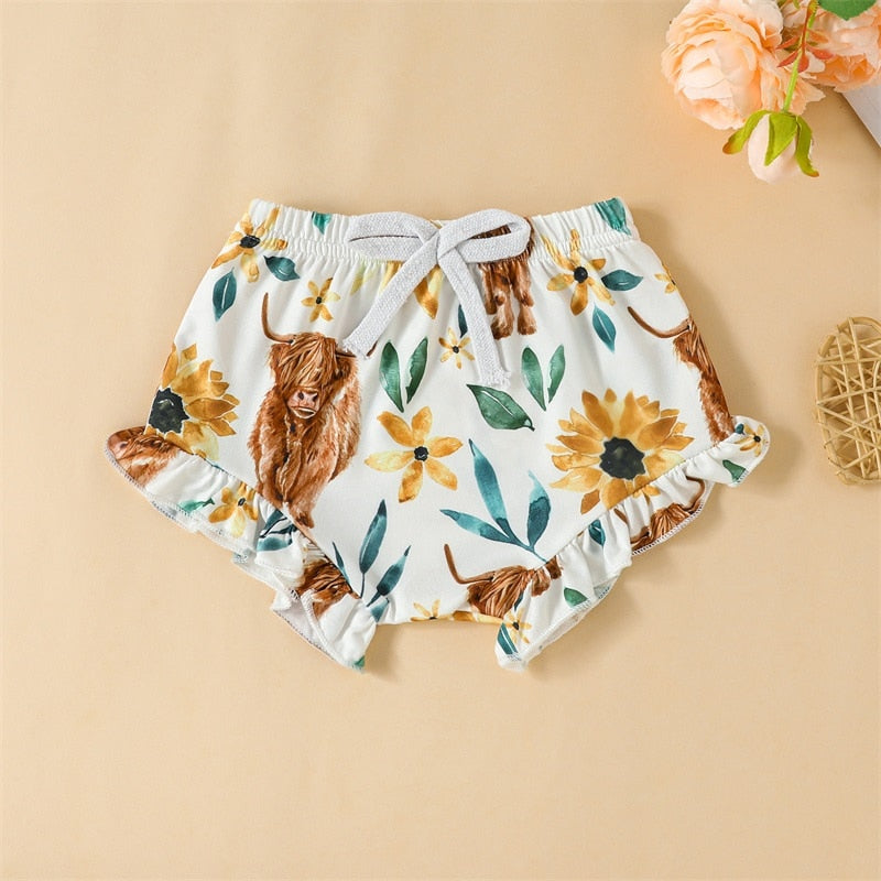 Infant Baby Girl 3Pcs Outfits Tank Top Daddys Little Girl Romper Cow Floral Print Shorts and Headband