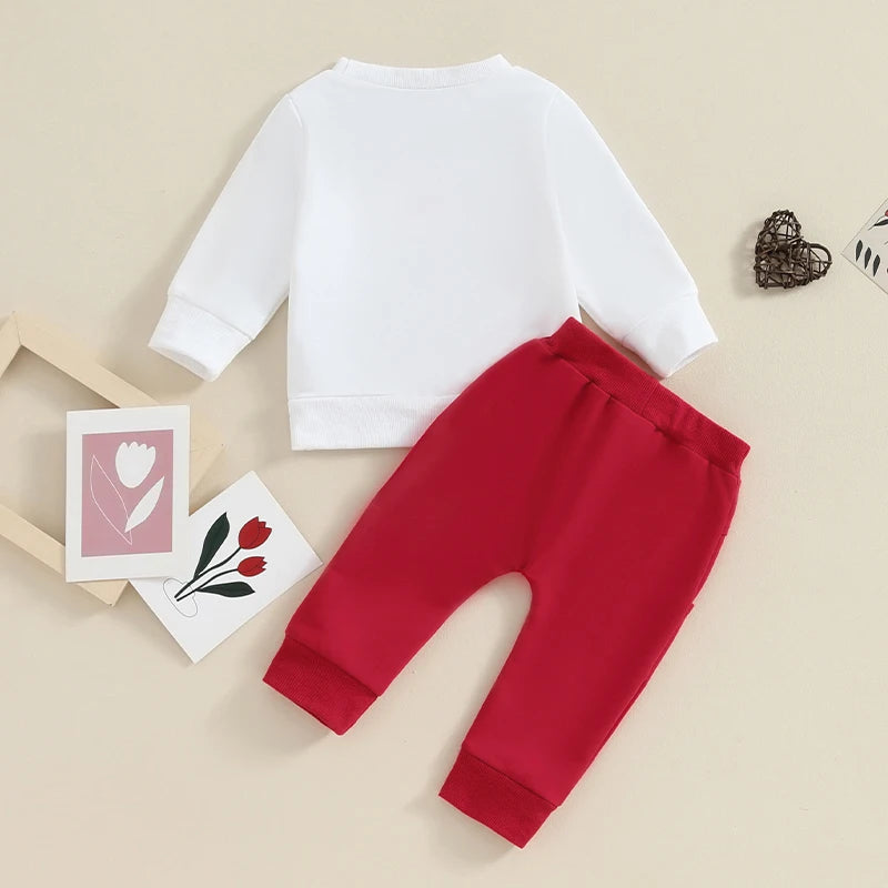 Toddler Baby Boy Girl 2Pcs Set Long Sleeve Letter Mama's Littlest Little Valentine / Mama's Boyfriend Heart Print Top with Jogger Pants Valentine's Day Outfits