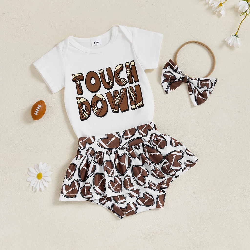 Baby Girls 3Pcs Touch Down Outfit Football Letter Print Romper Skirted Shorts Skort and Headband Bow Set