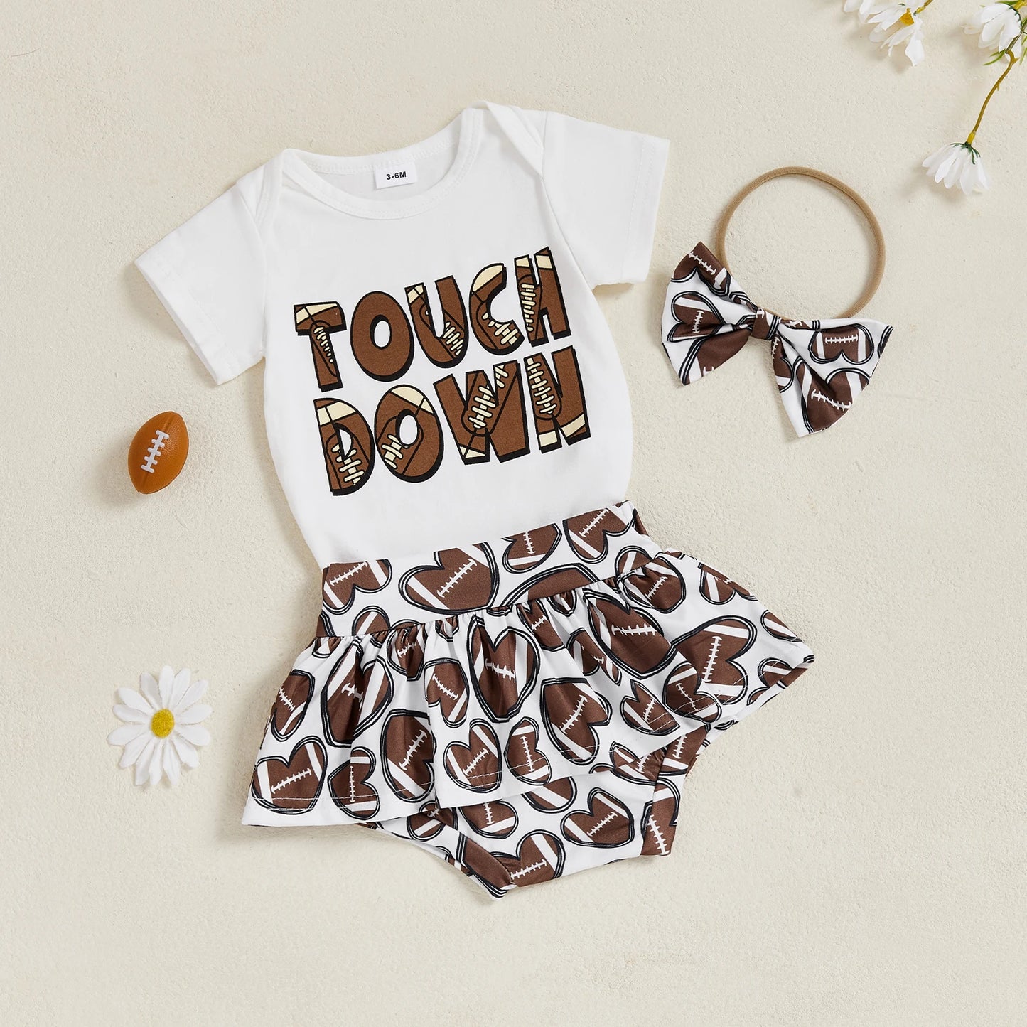 Baby Girls 3Pcs Touch Down Outfit Football Letter Print Romper Skirted Shorts Skort and Headband Bow Set