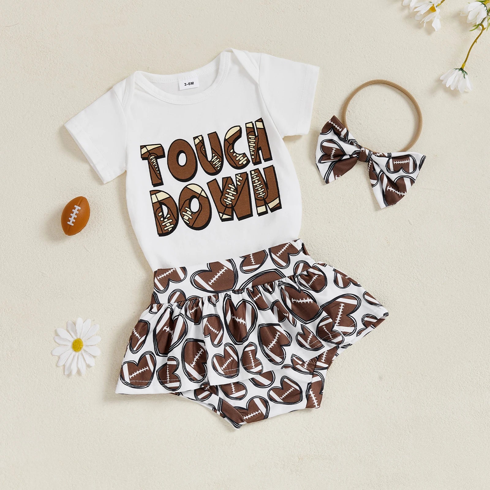 Baby Girls 3Pcs Touch Down Outfit Football Letter Print Romper Skirted Shorts Skort and Headband Bow Set