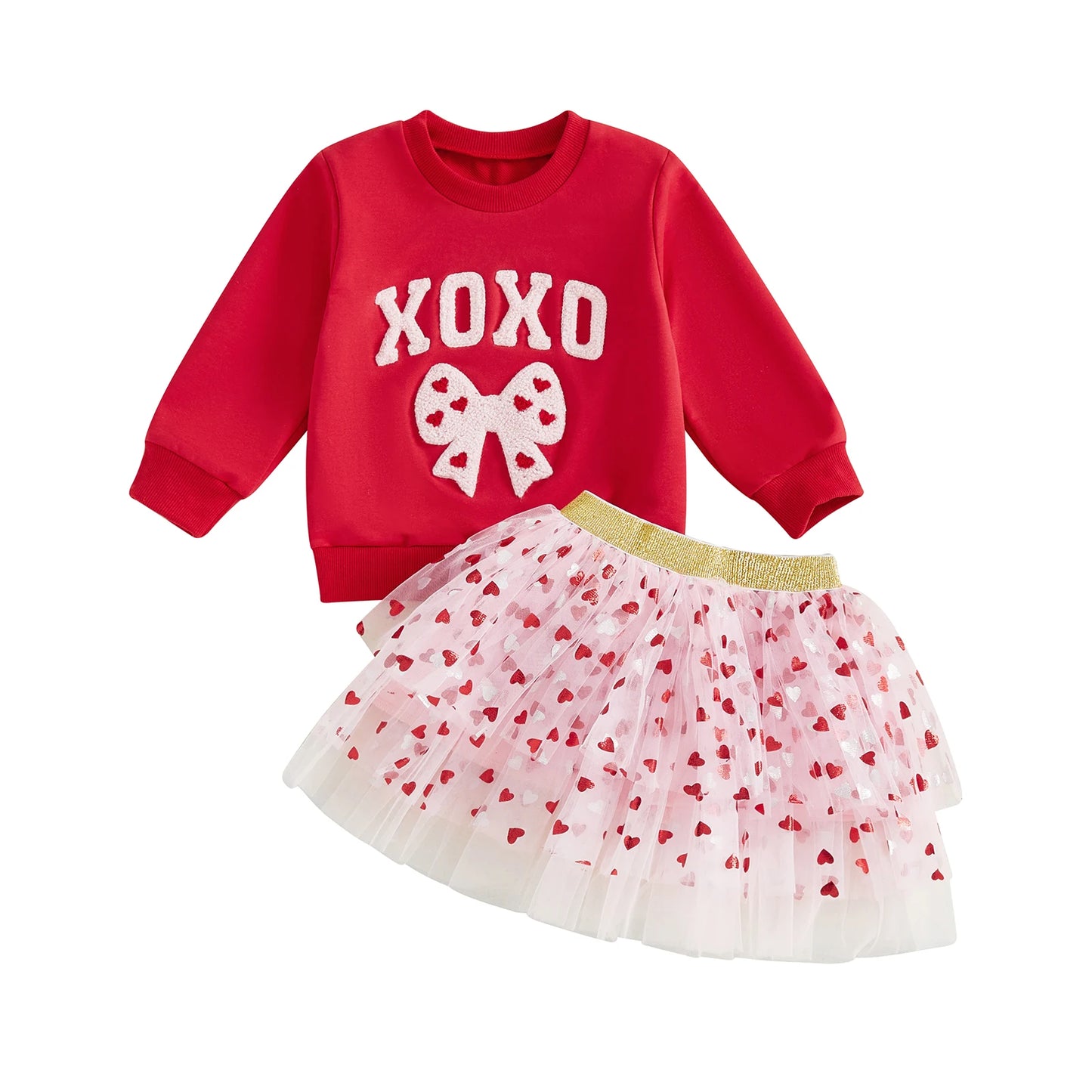 Baby Toddler Girls 2 Pcs XOXO Outfits Bow Letter Embroidery Long Sleeve Crew Neck Top and Heart Patterned Elastic Waist Tulle Tutu Skirt Set