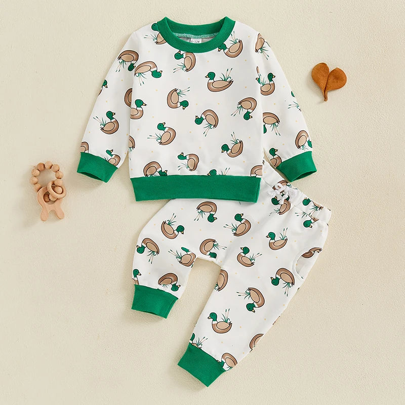 Baby Toddler Boys 2Pcs Fall Jogger Set Duck Print Long Sleeve Crew Neck Top with Elastic Waist Pants Outfit