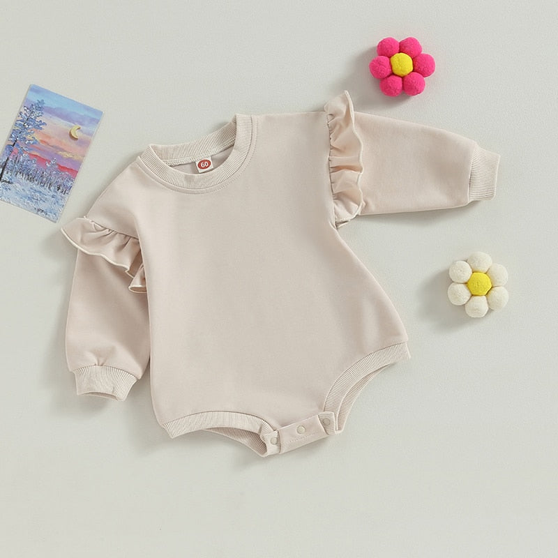 Baby Boy Girl Bodysuit Ruffle Long Sleeve Round Neck Solid Color Jumpsuit Romper