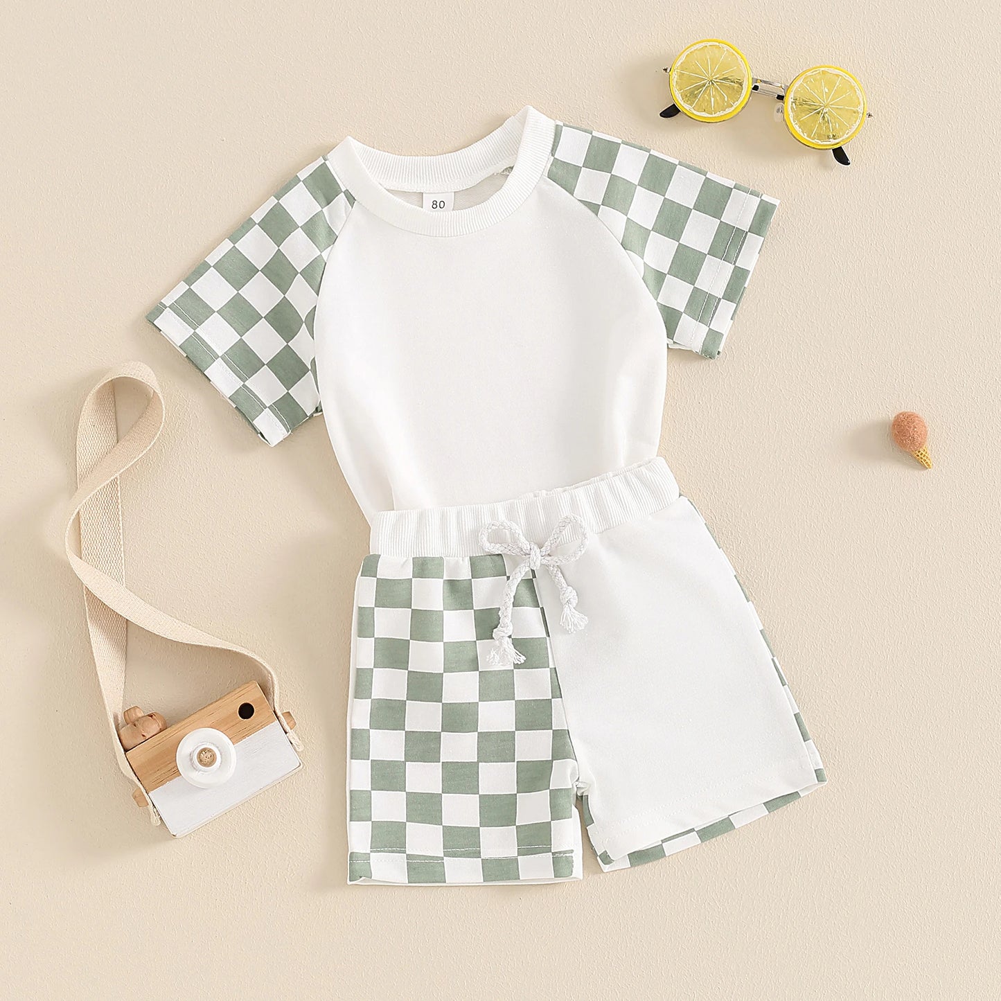 Baby Toddler Kids Boys 2Pcs Set Plaid Checker Short Sleeve Crew Neck Top with Elastic Waist Shorts Set Summer Outfit