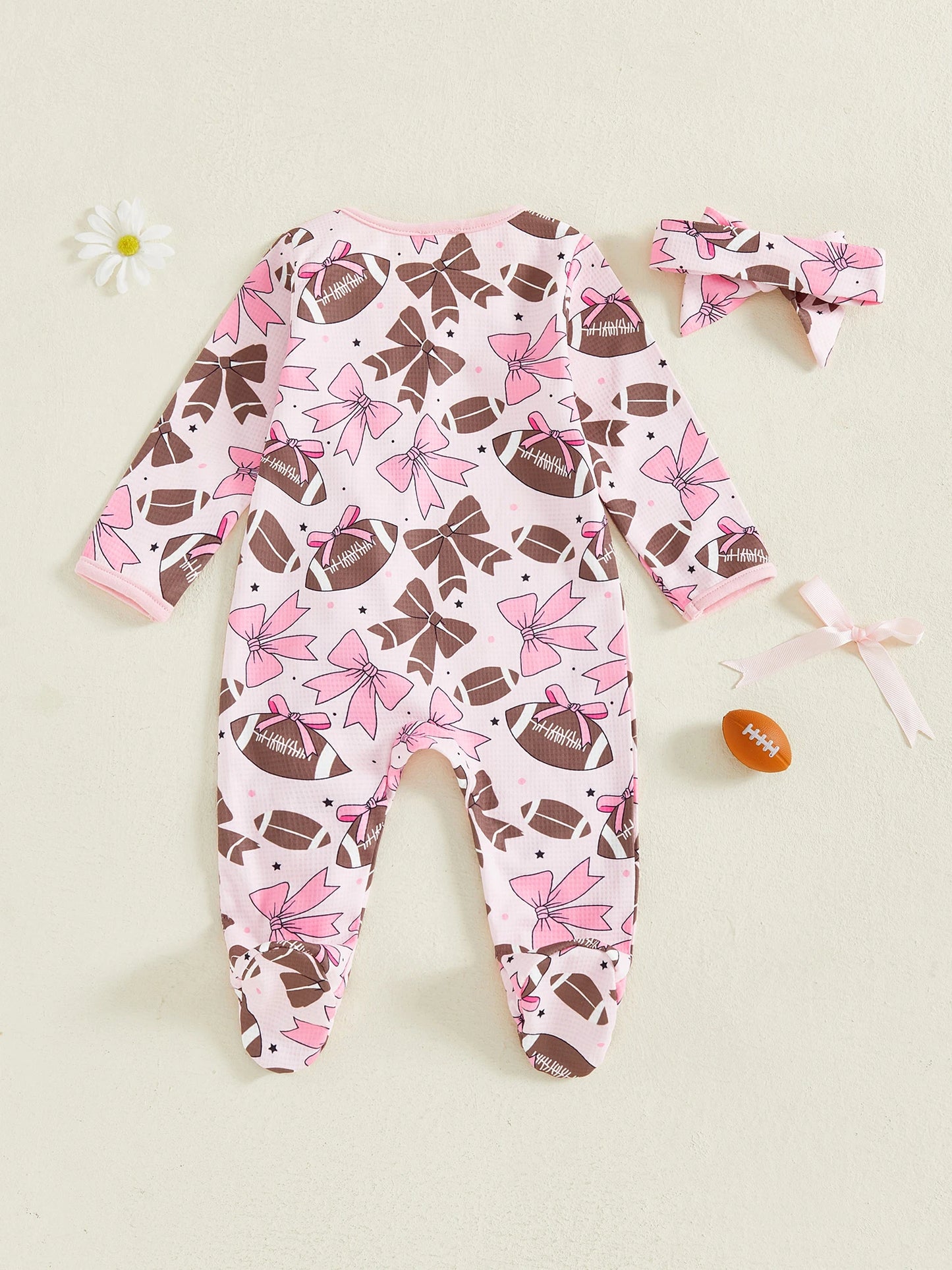 Baby Girl 2Pcs Footed Romper Fashionable Bow and Football Print Ruffled Long Sleeve Jumpsuit with Headband Set