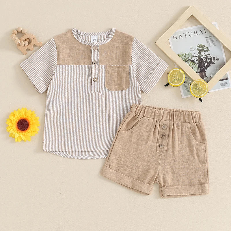 Baby Toddler Kids Boys 2Pcs Outfit Striped Pattern Short Sleeve Top with Pocket Button Up and Elastic Shorts Clothes Set