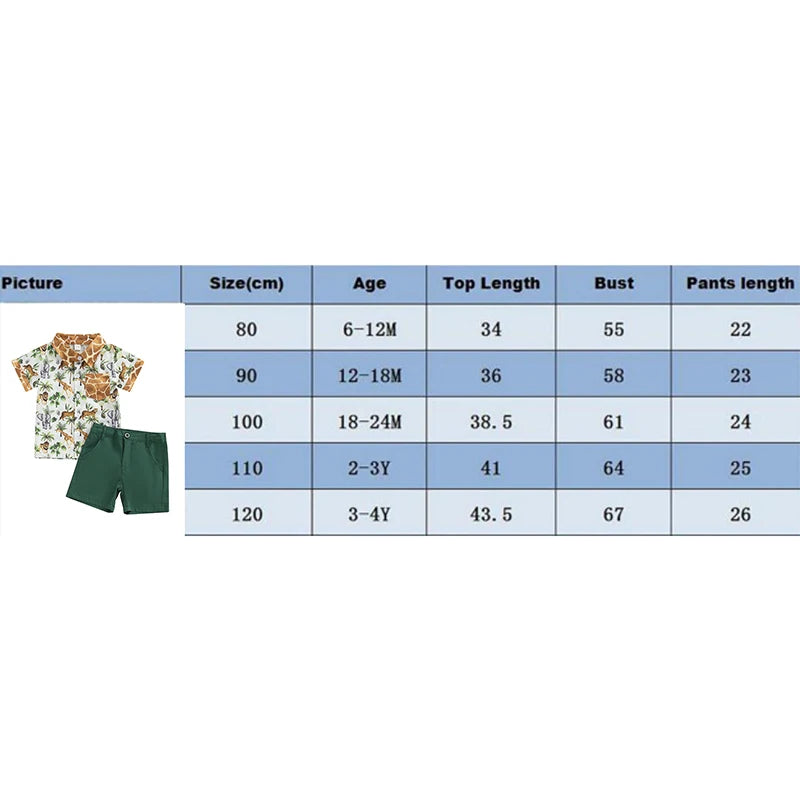 Baby Toddler Boys 2Pcs Summer Outfit Animals Giraffe Elephant Lion Print Turn-Down Collar Short Sleeve Top Shorts Clothes Set