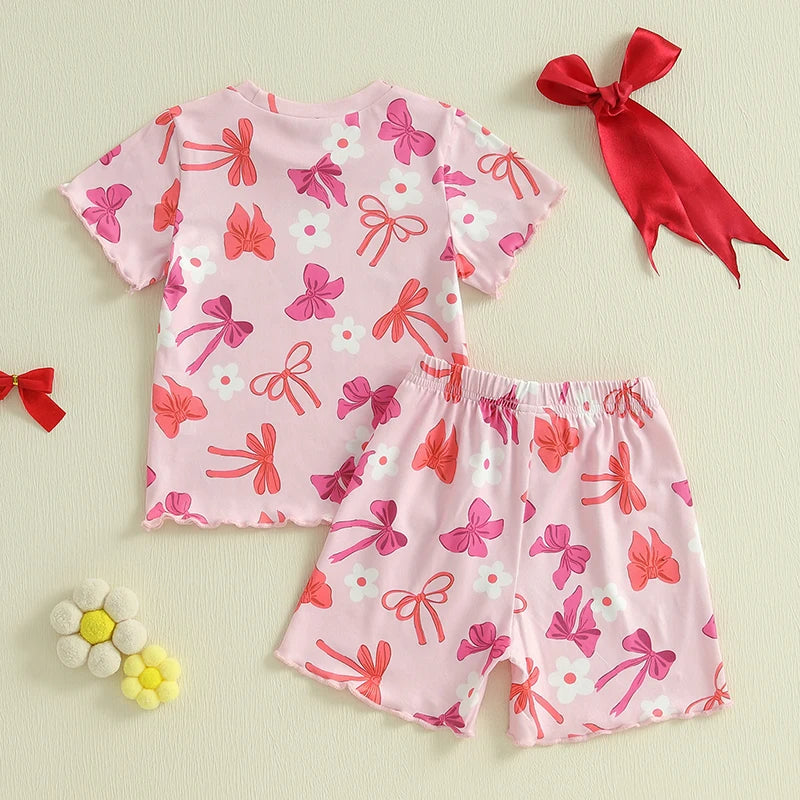 Baby Toddler Girls 2Pcs Summer Spring Outfit Short Sleeve Bow Strawberry Flower Floral Print Top + Shorts Set Clothes