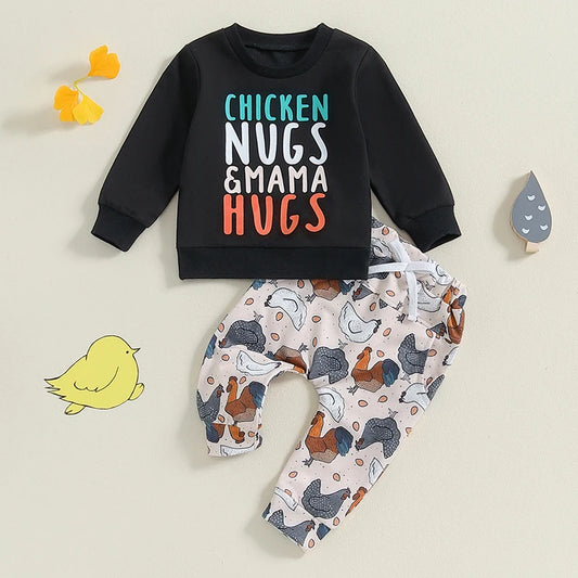 Baby Toddler Boys 2Pcs Chicken Nugs & Mama Hugs Autumn Outfit Long Sleeve Crew Neck Letter Print Top Chicken Print Pants Set