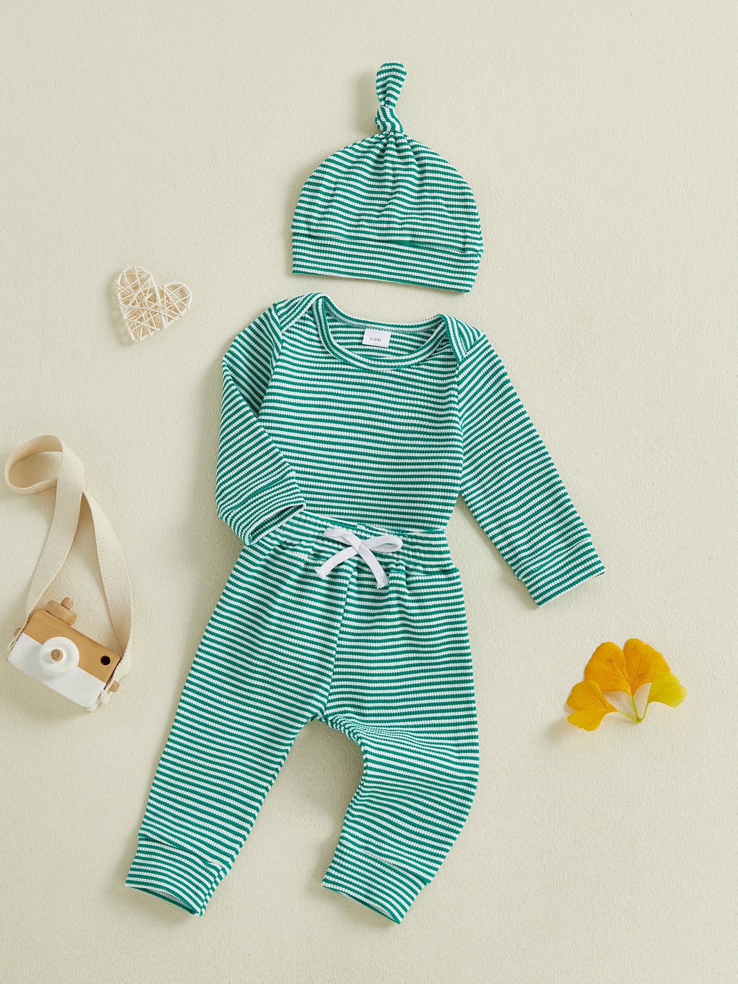 Baby Boys Girls 3Pcs Outfits Striped Crew Neck Long Sleeve Romper with Pants and Cap Beanie Hat Set