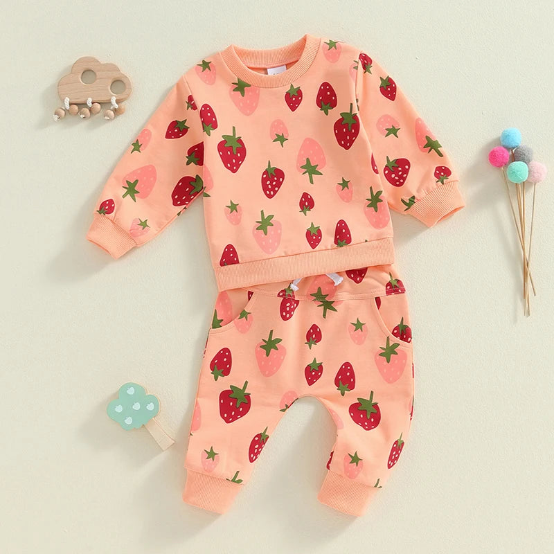 Baby Toddler Girls 2Pcs Outfit Strawberry Print Long Sleeve Crew Neck Top with Elastic Waist Pants Fall Set