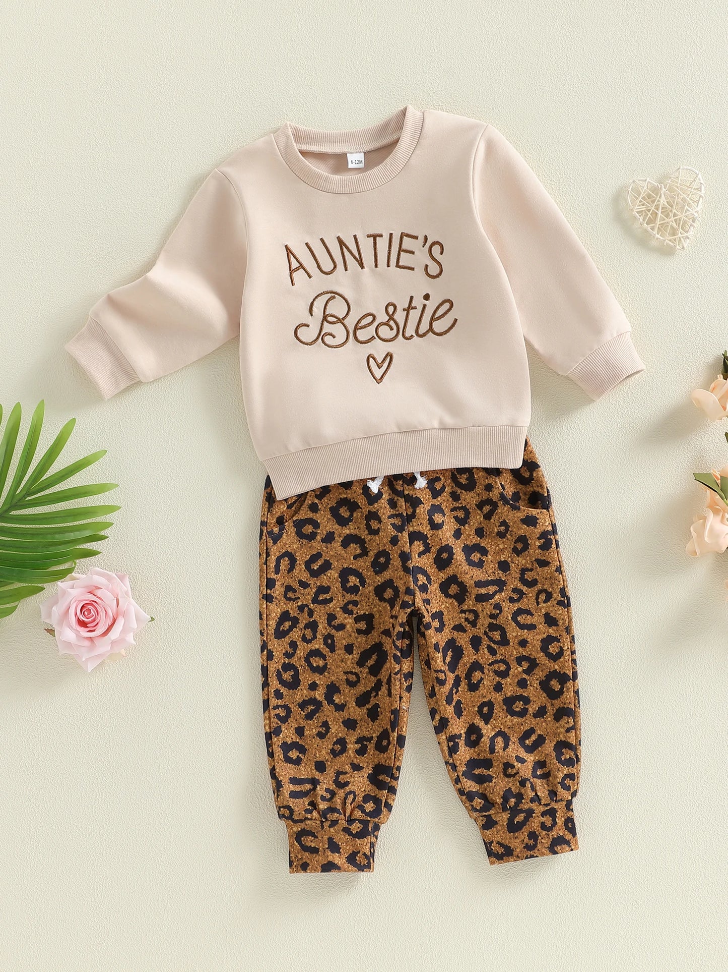 Baby Toddler Girls 2Pcs Auntie's Bestie Spring Outfit Letter Embroidery Long Sleeve Round Neck Pullover Top + Leopard Pants Jogger Set