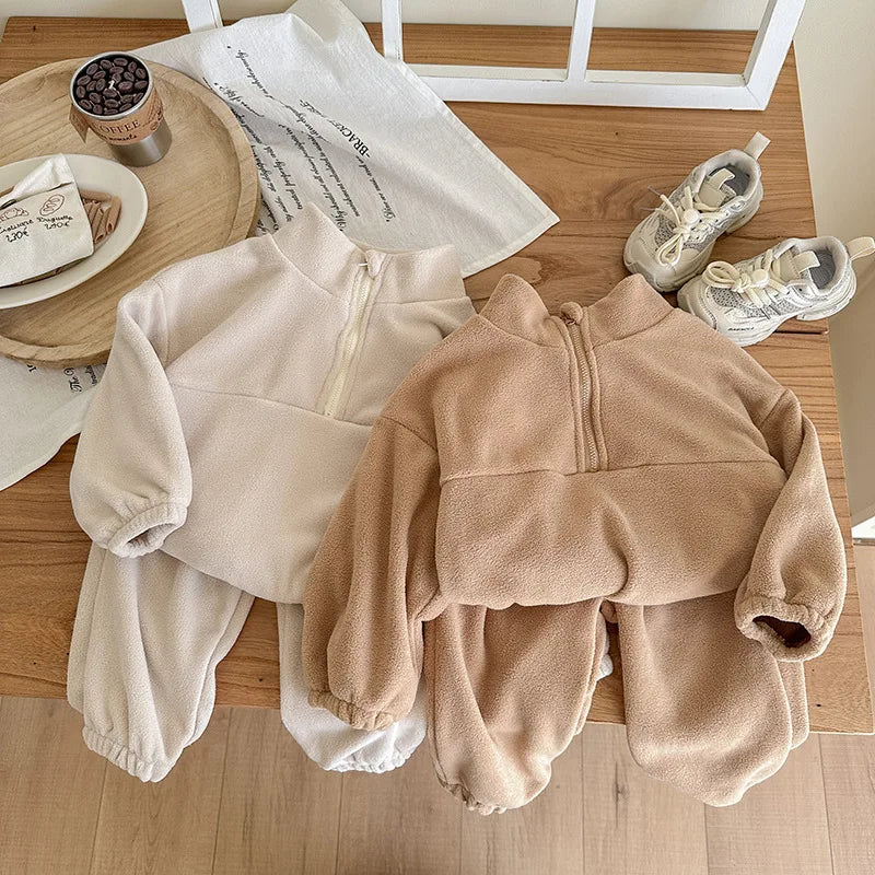 Toddler Kid Boy Girl 2Pcs Clothes Set Fleece Pullover Top Pant Suit Casual Warm Thick Winter Two Piece Jogger Set