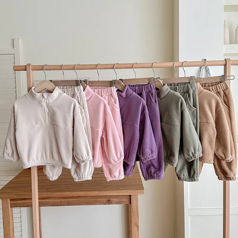 Toddler Kid Boy Girl 2Pcs Clothes Set Fleece Pullover Top Pant Suit Casual Warm Thick Winter Two Piece Jogger Set