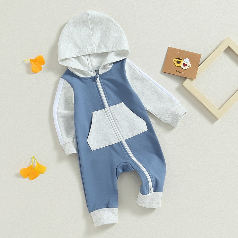 Baby Boy Girl Full Length Jumpsuit Contrast Color Hood Long Sleeve Romper with Zipper