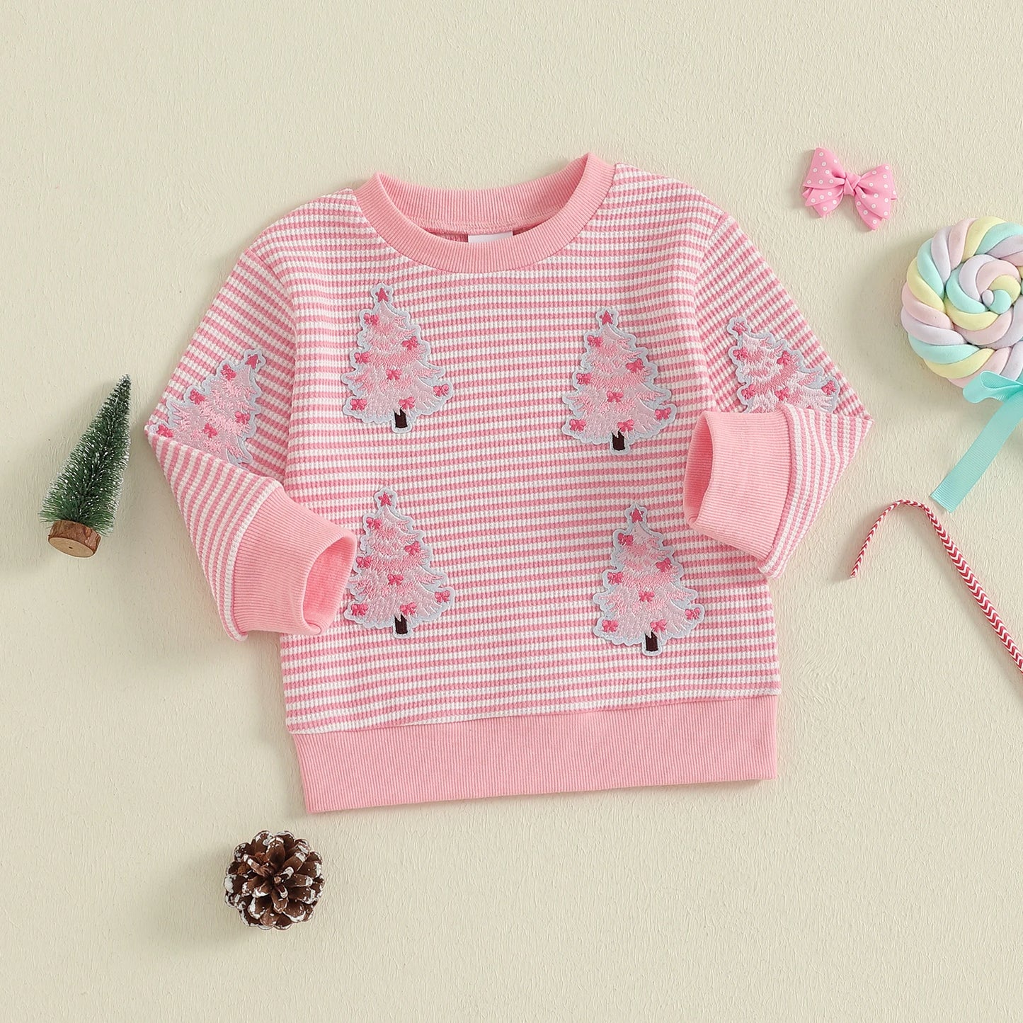 Baby Toddler Girl Christmas Top Christmas Tree Embroidered Striped Crew Neck Long Sleeve Pullover