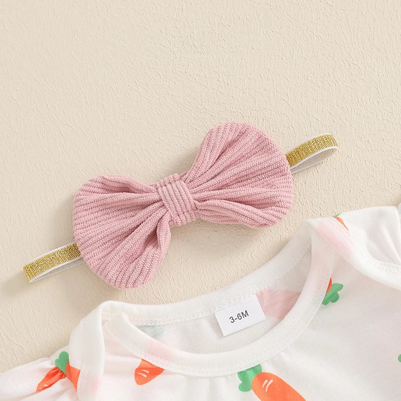 Baby Girls 3Pcs Easter Outfit Long Sleeve Carrot Print Romper Bunny Rabbit Carrot Embroidery Suspender Skirt Dress Headband Bow Set