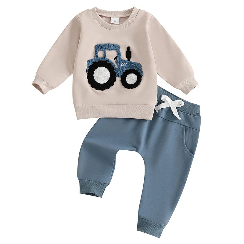 Baby Toddler Boys 2Pcs OutfitTractor Embroidery Long Sleeve Crewneck Top with Solid Long Pants Jogger Set