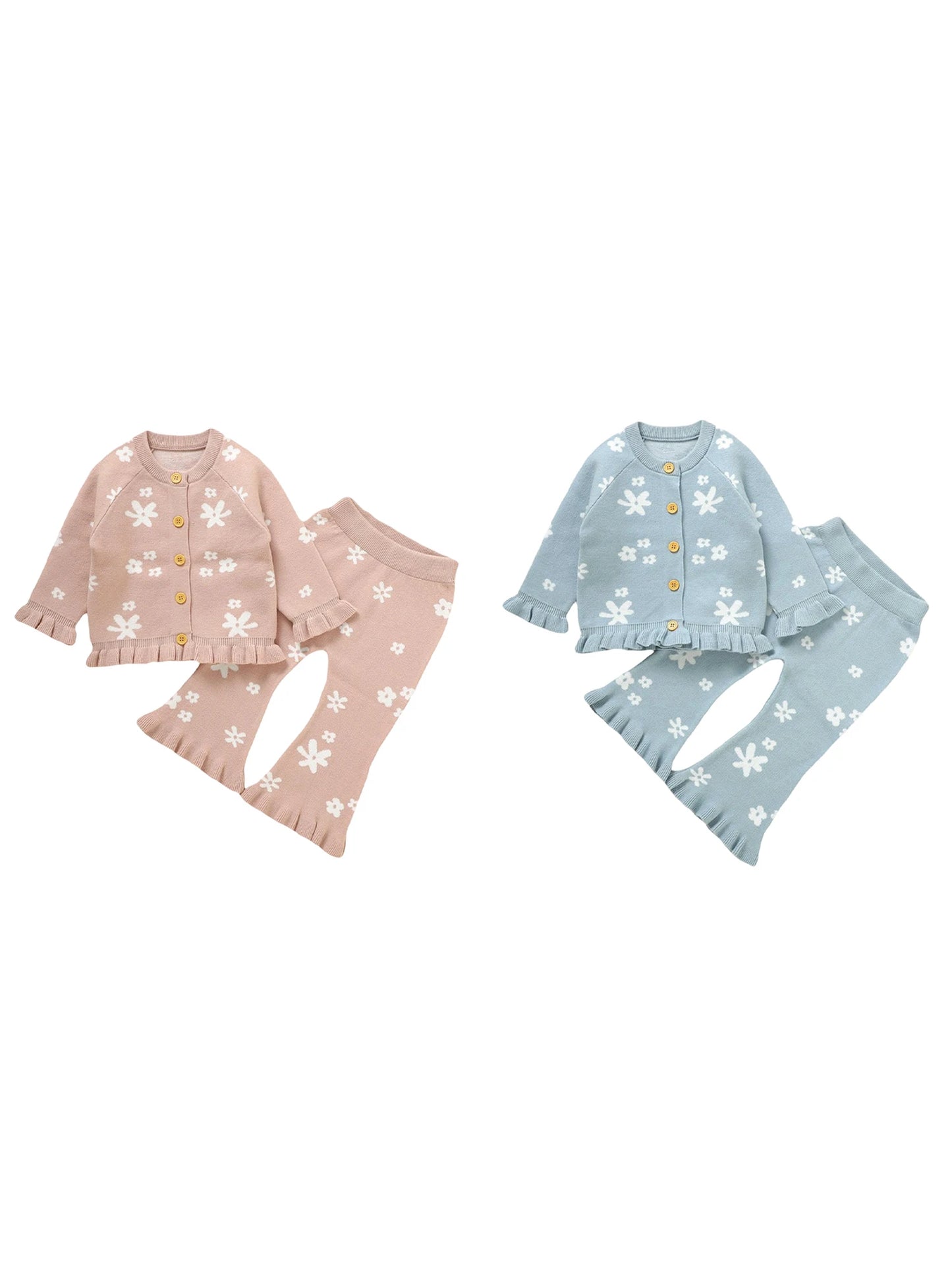 Baby Toddler Girl 2Pcs Fall Outfits Long Sleeve Floral Print Knit Cardigan Tops Flare Pants Set Toddler Clothes