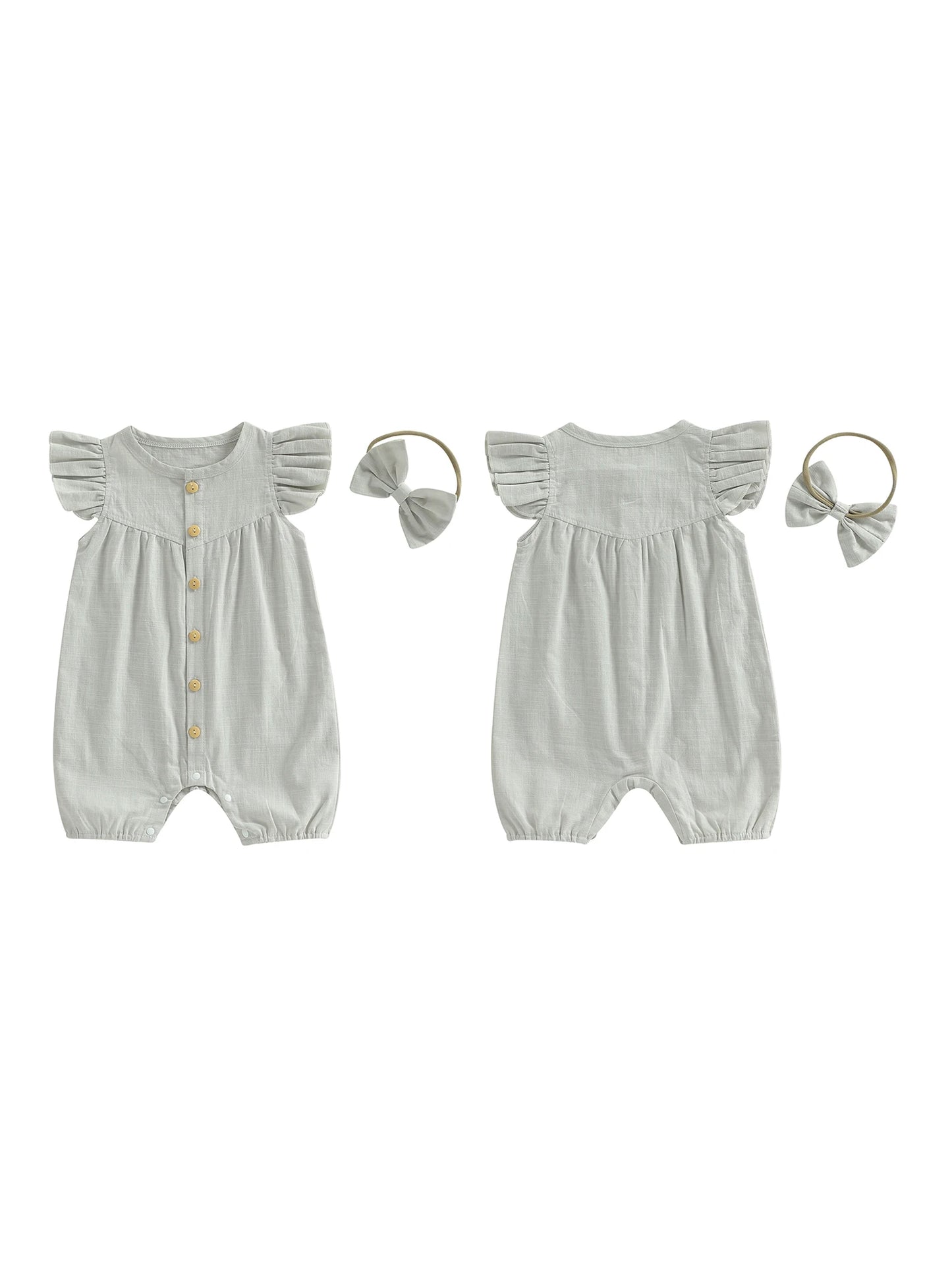 Baby Girl 2Pcs Summer Outfit Solid Flying Sleeve Romper with Bow Headband 2 Piece Set