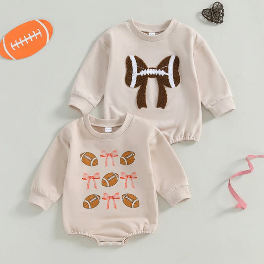 Baby Girl Bubble Romper Long Sleeve Crew Neck Bow Football Print Fall Jumpsuit