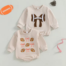 Load image into Gallery viewer, Baby Girl Bubble Romper Long Sleeve Crew Neck Bow Football Print Fall Jumpsuit
