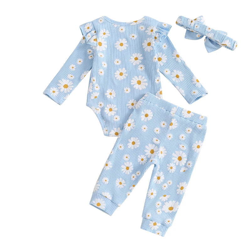 Baby Girls 3Pcs Fall Outfit Daisy Flower Print Long Sleeve Romper with Long Pants and Headband Set