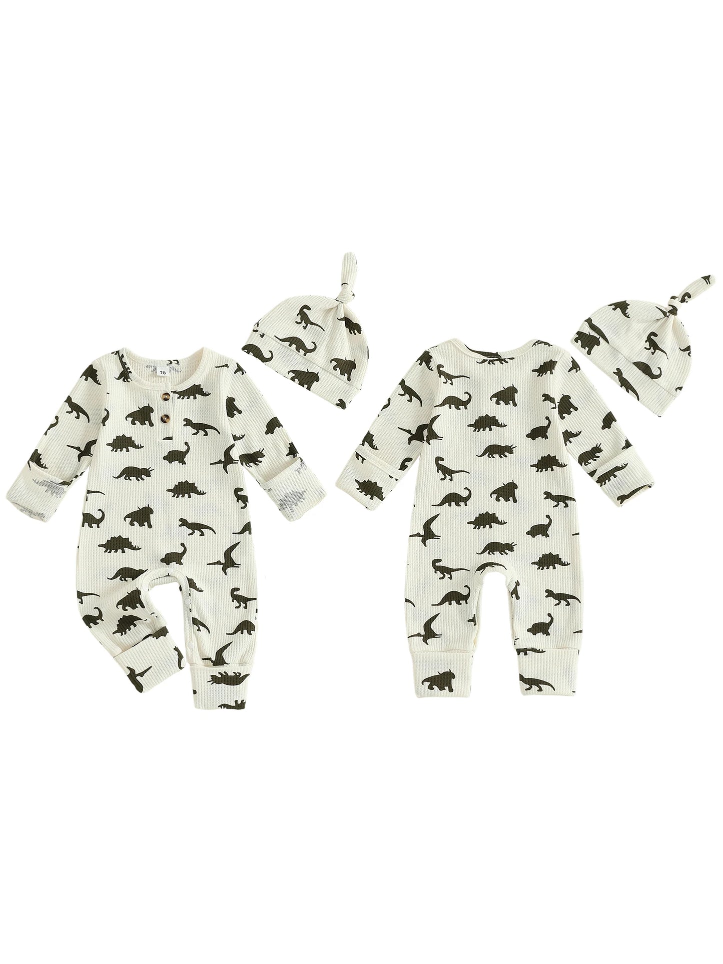 Baby Boys Girls 2Pcs  Jumpsuit Set Long Sleeve Crew Neck Dinosaur Print Fall Casual Romper with Hat