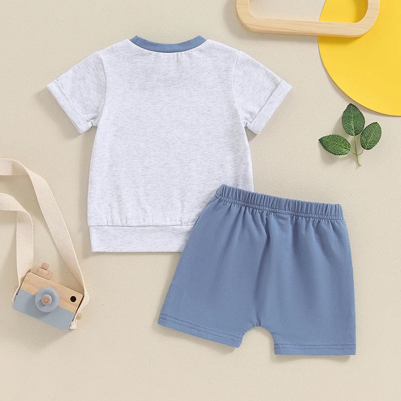 Baby Toddler Boys 2Pcs Summer Outfit Patchwork Round Neck Short Sleeve Top Elastic Waist Shorts Clothes Set