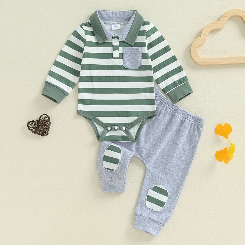 Baby Boys 2Pcs Fall Outfit Stripe Turn-Down Collar Long Sleeve Romper Elastic Waist Long Pants Set