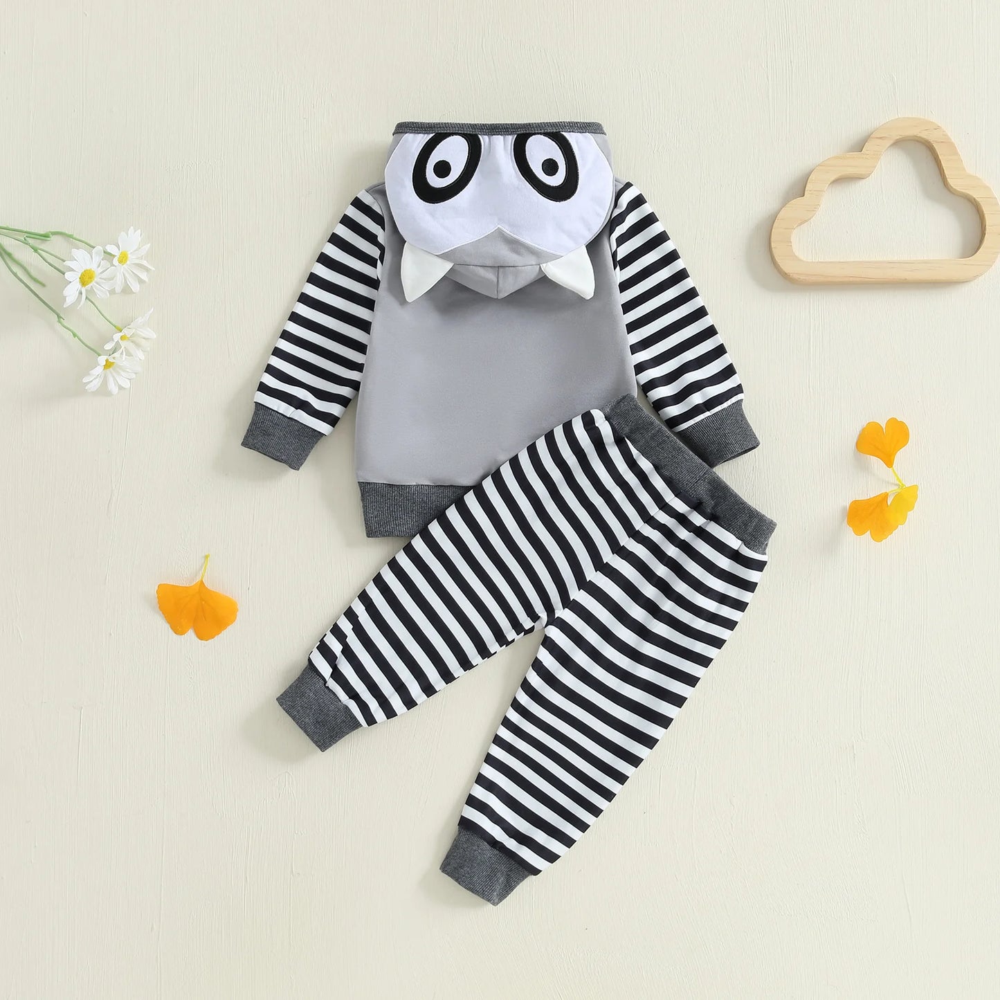 Baby Toddler Boy 2Pcs Fall Outfits Long Sleeve Animal Dinosaur Lemur Hoodies + Elastic Waist Stripe Pants 2Pcs Jogger Set