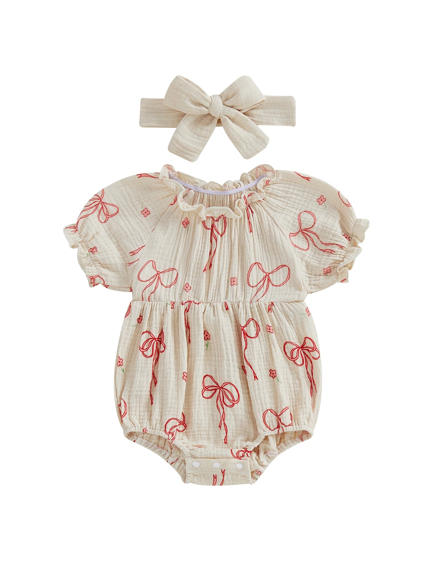 Baby Girls 2Pcs Outfit Cute Short Sleeve Round Neck Bow Flower Print Jumpsuit with Headband Set