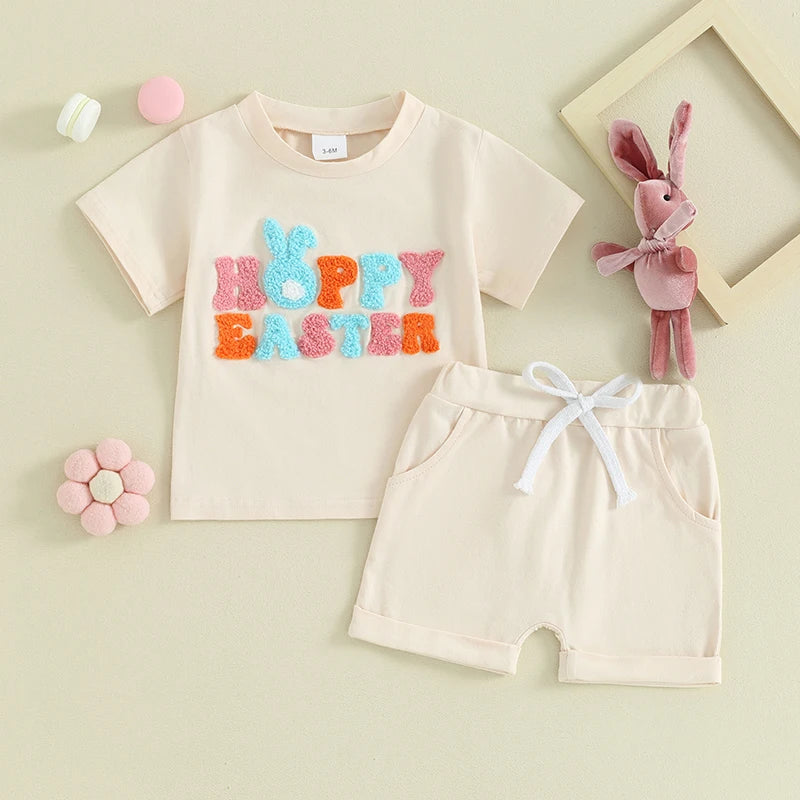 Toddler Baby Boy Girl 2Pcs Easter Outfit Short Sleeve Hoppy Easter T-Shirt Bunny Ears Print Top Set Elastic Waist Shorts