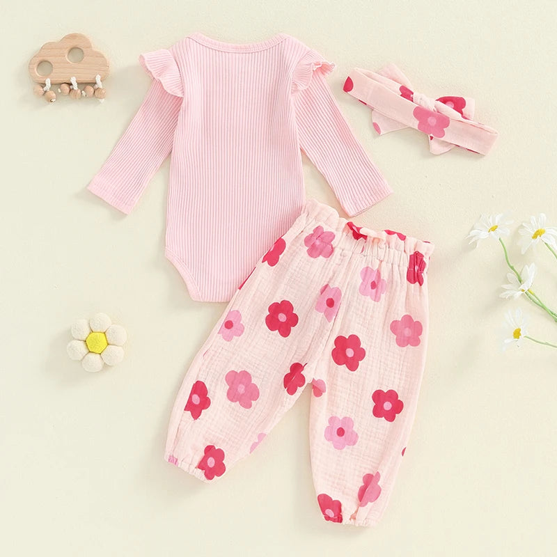 Baby Girls 3Pcs Fall Outfit Long Sleeve Ribbed Romper + Floral Flower Print Pants + Headband Set