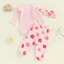 Load image into Gallery viewer, Baby Girls 3Pcs Fall Outfit Long Sleeve Ribbed Romper + Floral Flower Print Pants + Headband Set
