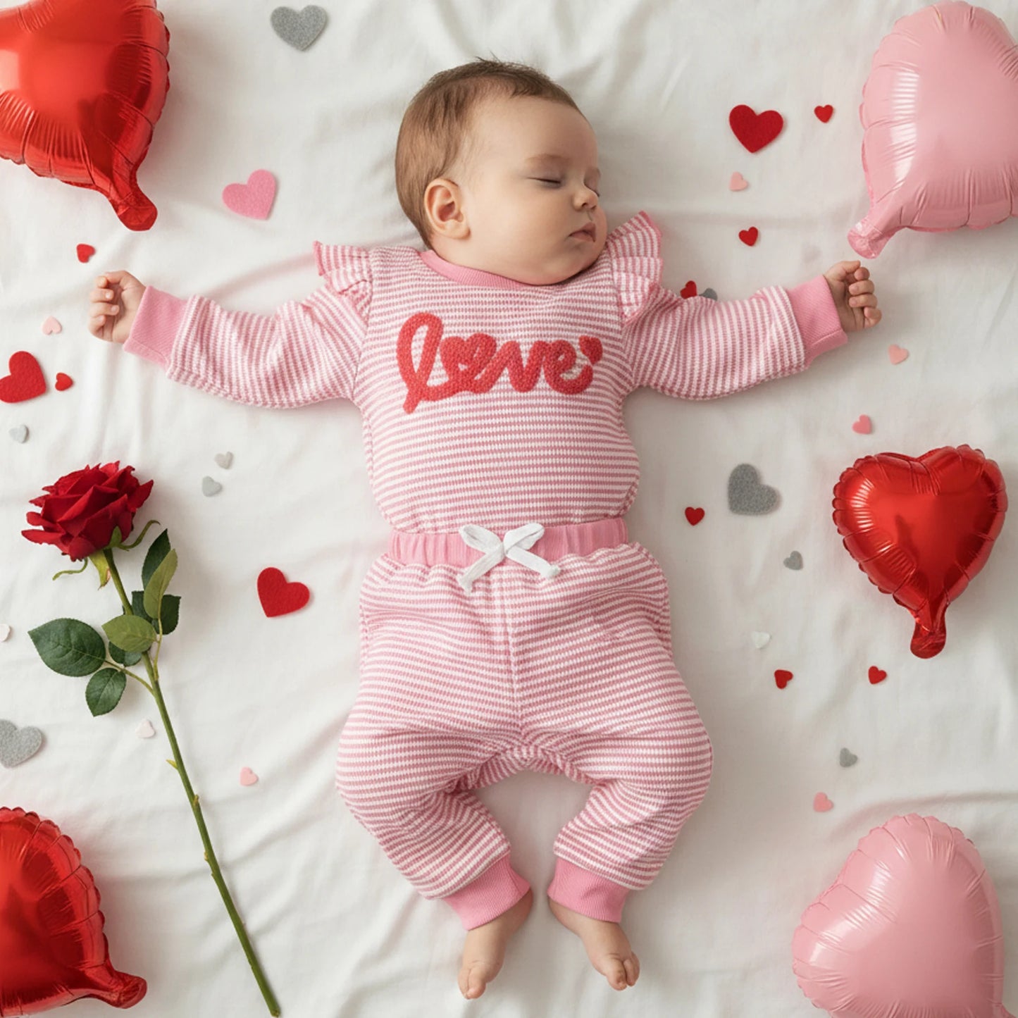 Baby Girls 2Pcs Valentine's Day Clothes Sets Letters Embroidery Love Stripe Long Sleeve Romper with Pants 2Pcs Set