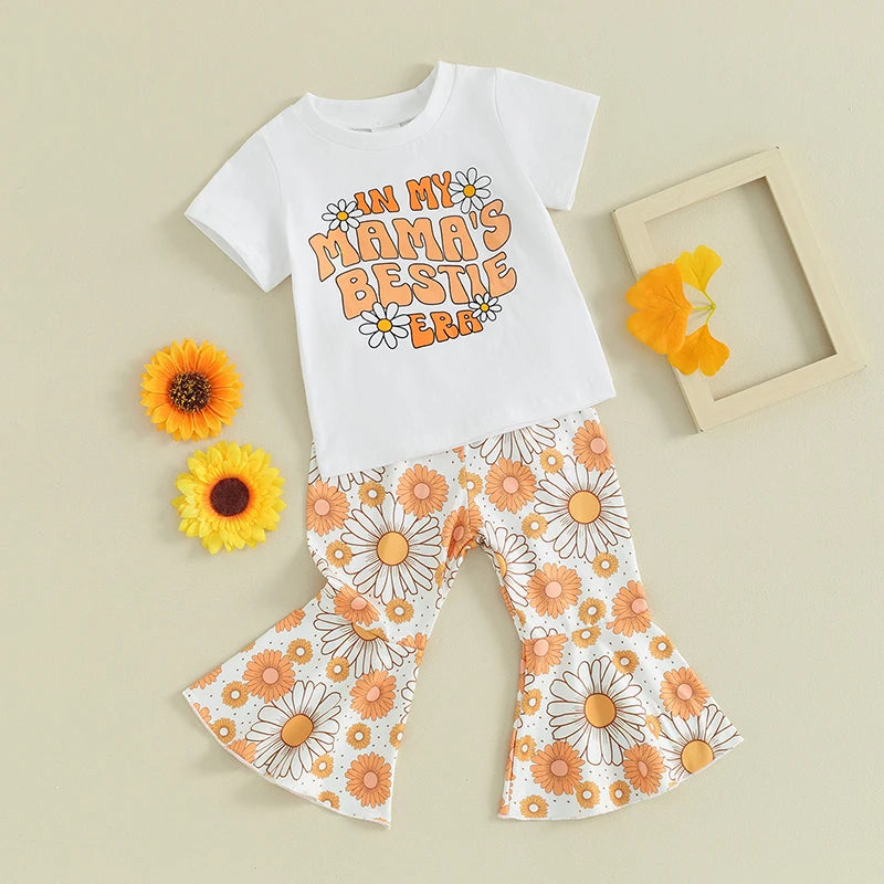 Toddler Kids Baby Girls 2Pcs In My Mama's Bestie Era Flowers Summer Clothes Letter Floral Print Short Sleeve T-shirts + Flare Pants Set Outfit